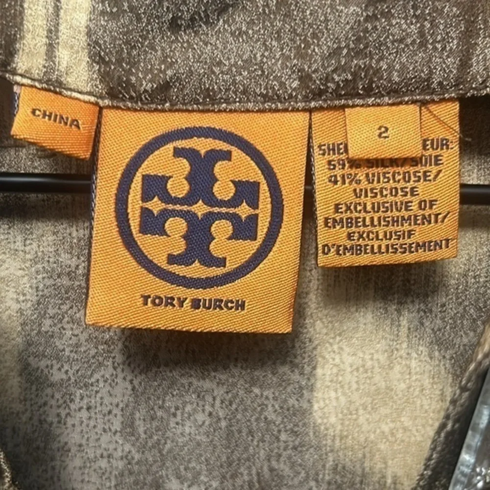 TORY BURCH Silk Blend Jewel Mirror Beaded Tunic Blouse -‎ Amber Brown - Size 2